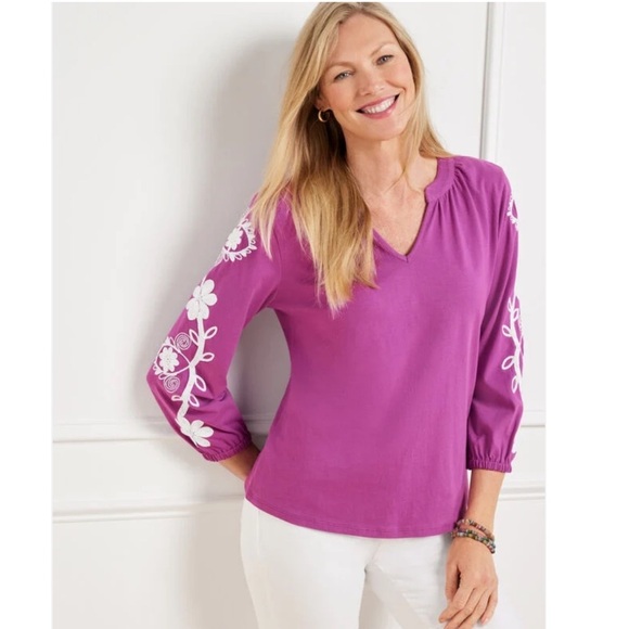 Talbots Tops - Talbots Purple Embroidered Floral Split Neck Tee